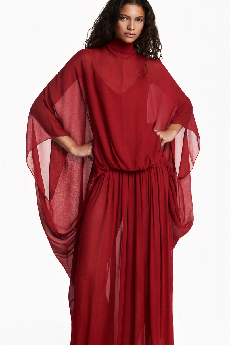 VESTIDO LONGO AMPLO CAPA GEORGETE VERMELHO