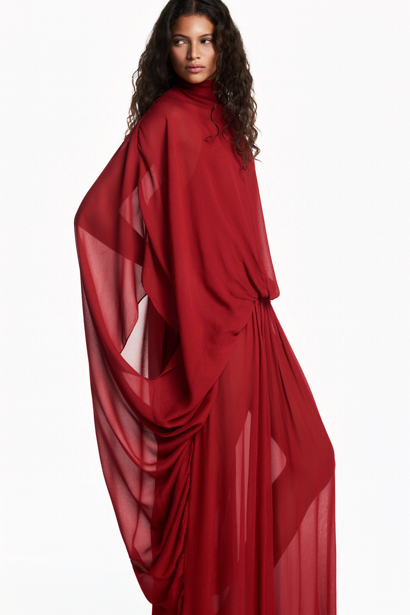 VESTIDO LONGO AMPLO CAPA GEORGETE VERMELHO