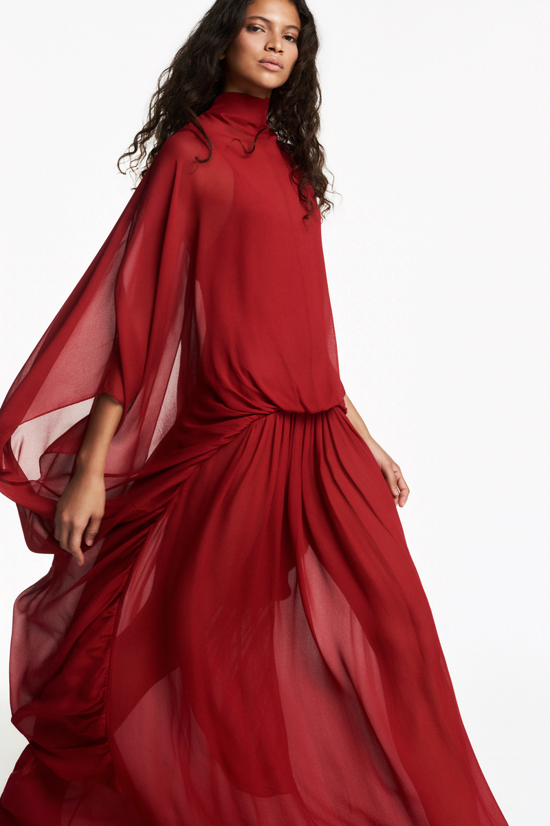 VESTIDO LONGO AMPLO CAPA GEORGETE VERMELHO