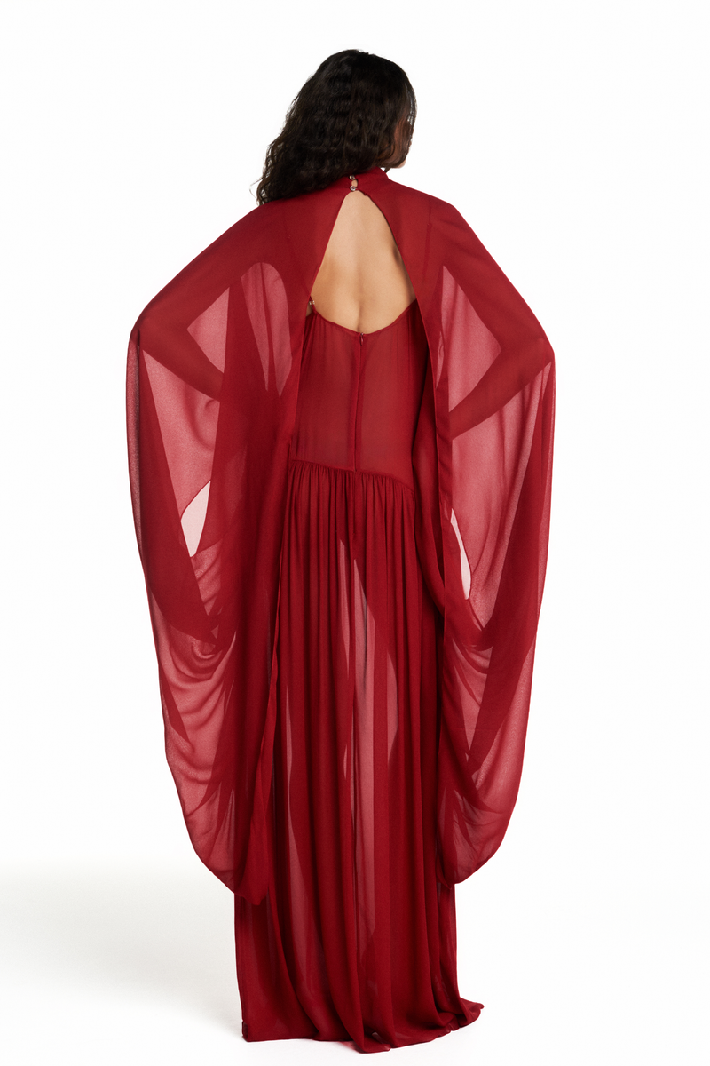 VESTIDO LONGO AMPLO CAPA GEORGETE VERMELHO