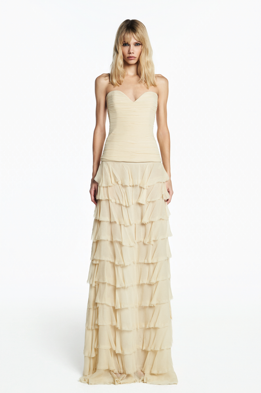 TOP TOMARA QUE CAIA DRAPEADO CHIFFON MANTEIGA