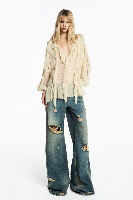 BATA BABADOS E RENDAS CHIFFON MANTEIGA