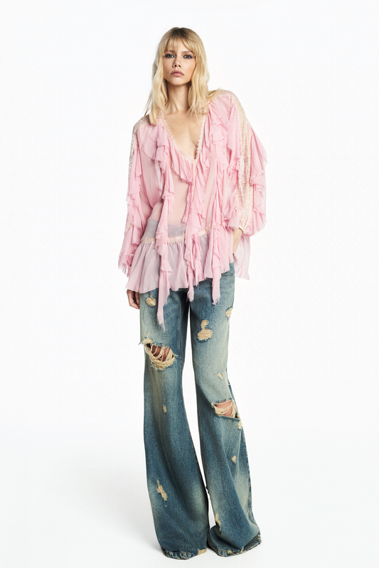 BATA BABADOS E RENDAS CHIFFON ROSA