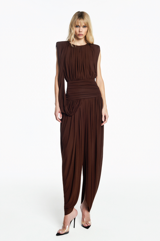 BLUSA PALA E CORPO DRAPEADOS FAIXA LATERAL MALHA MARROM