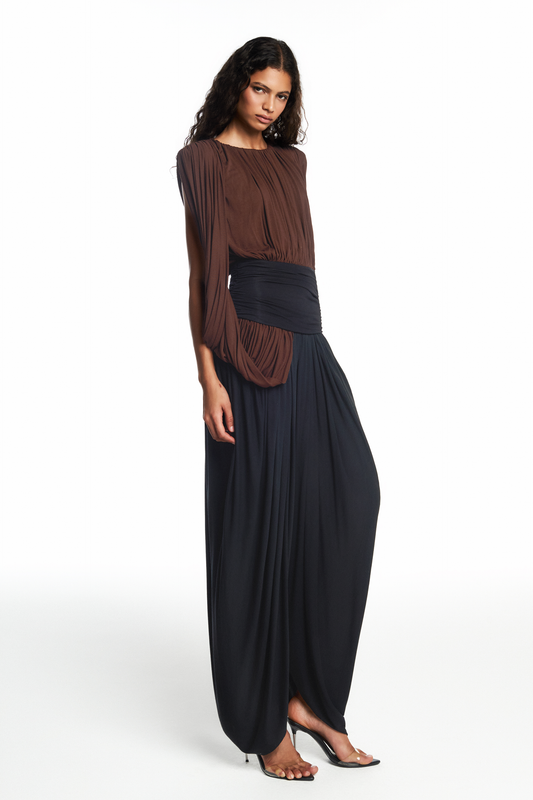 CALÇA PALA DRAPEADA PERNA AMPLA MALHA PRETA