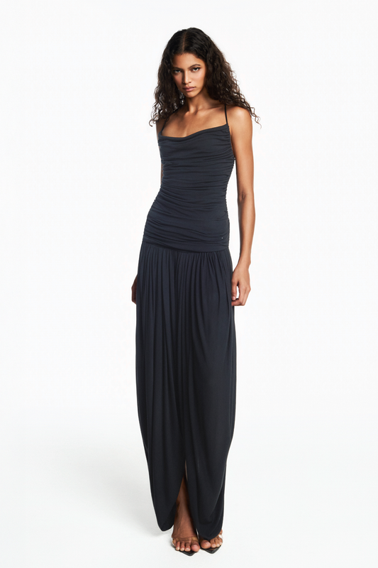 REGATA ALÇA CORPO DRAPEADO MALHA PRETA