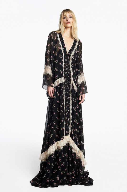VESTIDO LONGO DECOTE V MANGA LONGA CHIFFON FLORAL PRETO COM RENDA