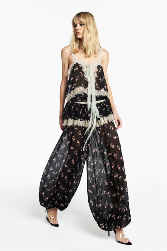 CALÇA ELÁSTICO BARRA CHIFFON FLORAL PRETO COM RENDA