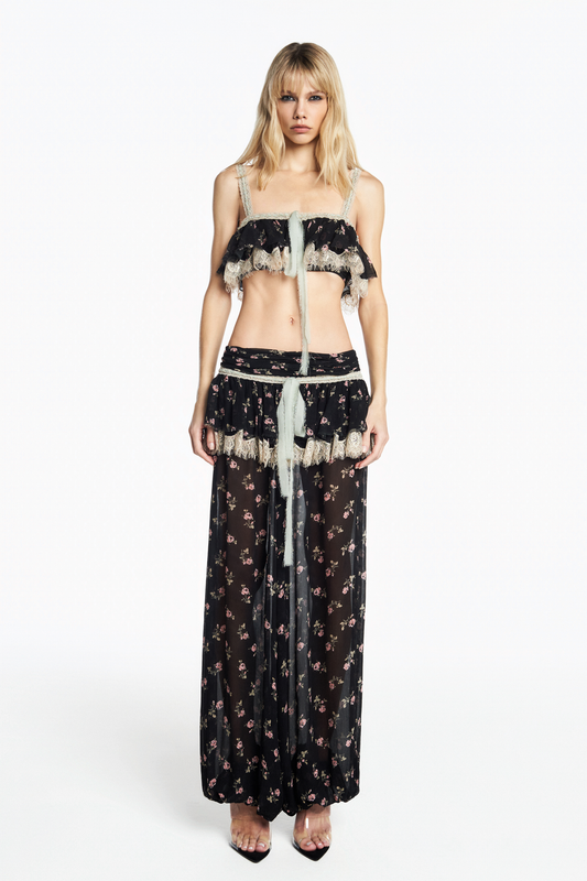 TOP CHIFFON FLORAL PRETO COM RENDA