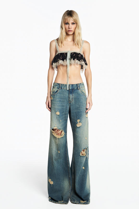 CALÇA JEANS AMARELADA RASGOS FLARE CINTURA BAIXA