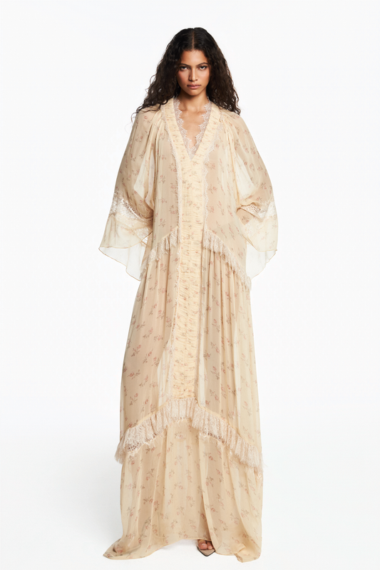 VESTIDO LONGO DECOTE V MANGA LONGA CHIFFON FLORAL BEGE COM RENDA