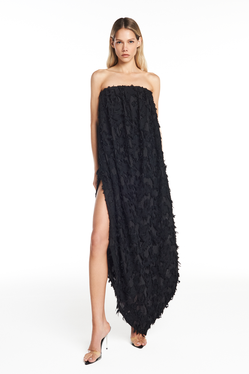 VESTIDO TOMARA QUE CAIA LONGO ASSIMÉTRICO ALGODÃO DEVORÊ PRETO (8950211739875)