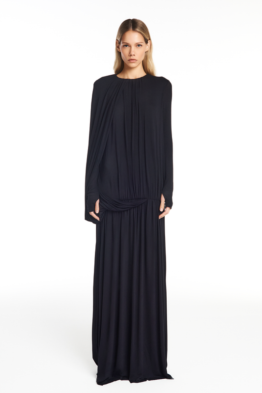 VESTIDO LONGO AMPLO MANGA LONGA MALHA PRETO (8950210068707)