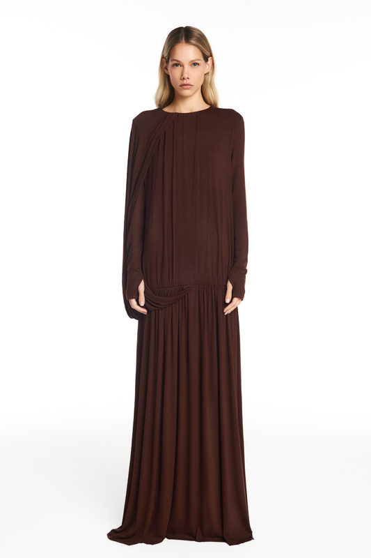 VESTIDO LONGO AMPLO MANGA LONGA MALHA MARROM (8950209937635)