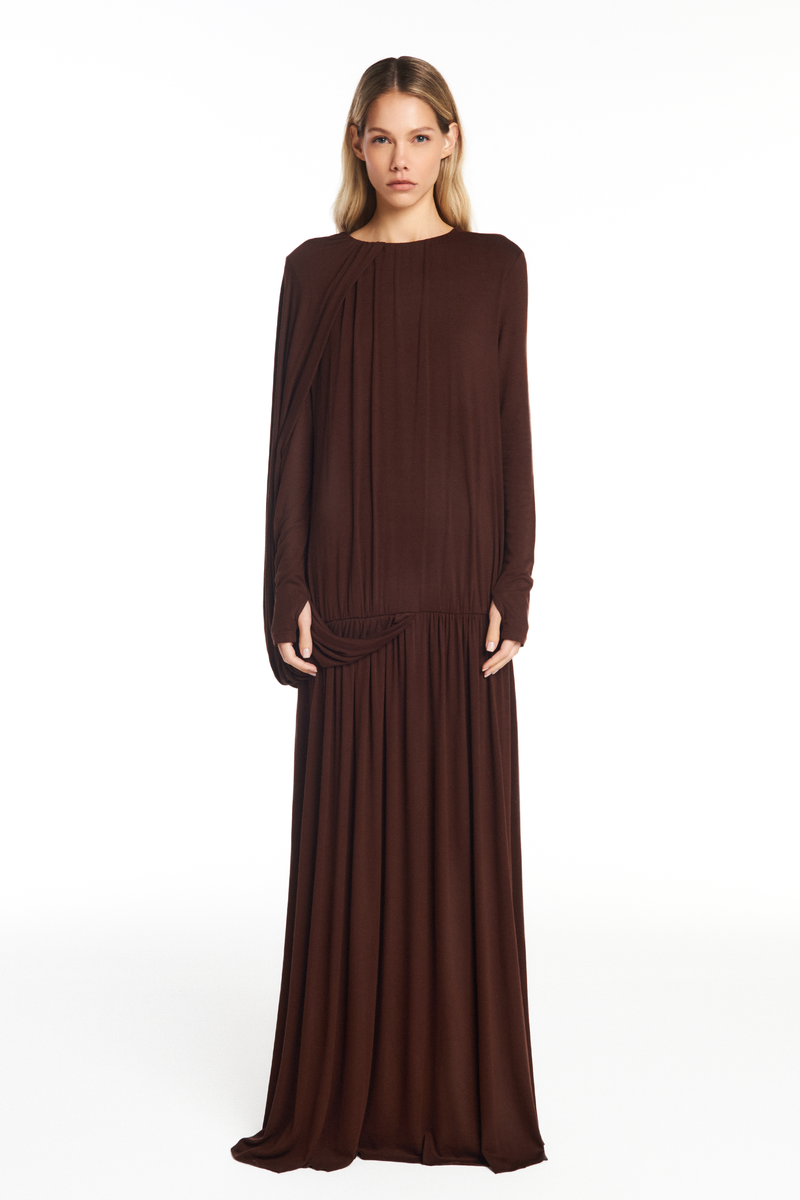 VESTIDO LONGO AMPLO MANGA LONGA MALHA MARROM (8950209937635)