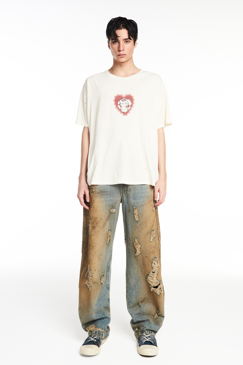 CALÇA JEANS BALLOON MANCHADA COM RASGOS (8952670748899)
