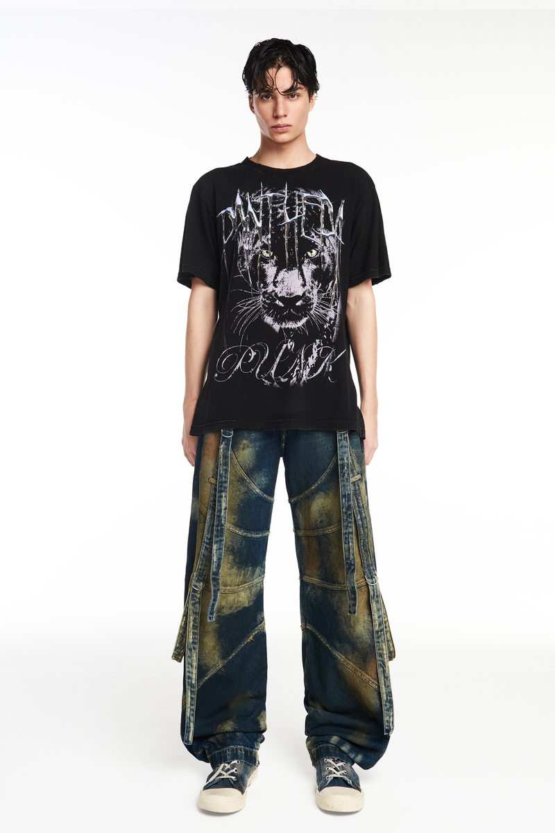 CALÇA JEANS MANCHADA RECORTES E FAIXAS (8930458796259) (8809477275875)