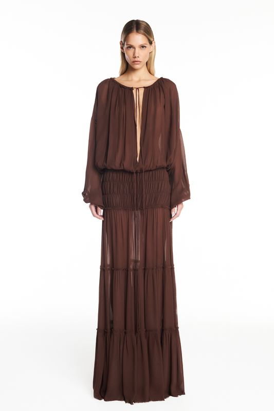 BATA AMPLA MANGA LONGA ELÁSTICOS MANGAS E BARRA GEORGETE MARROM (8950206234851)