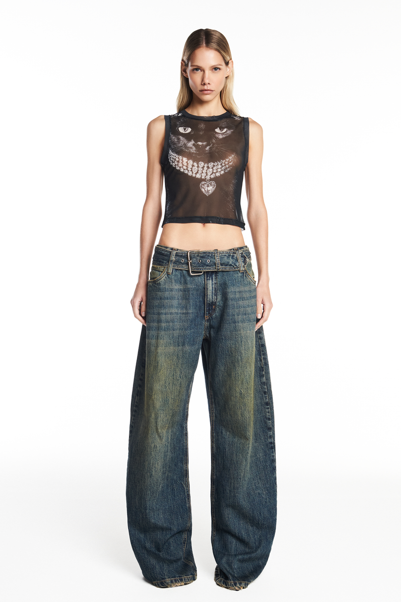 CALÇA JEANS AMARELADA PERNA LARGA CINTO CINTURA (8952670355683)