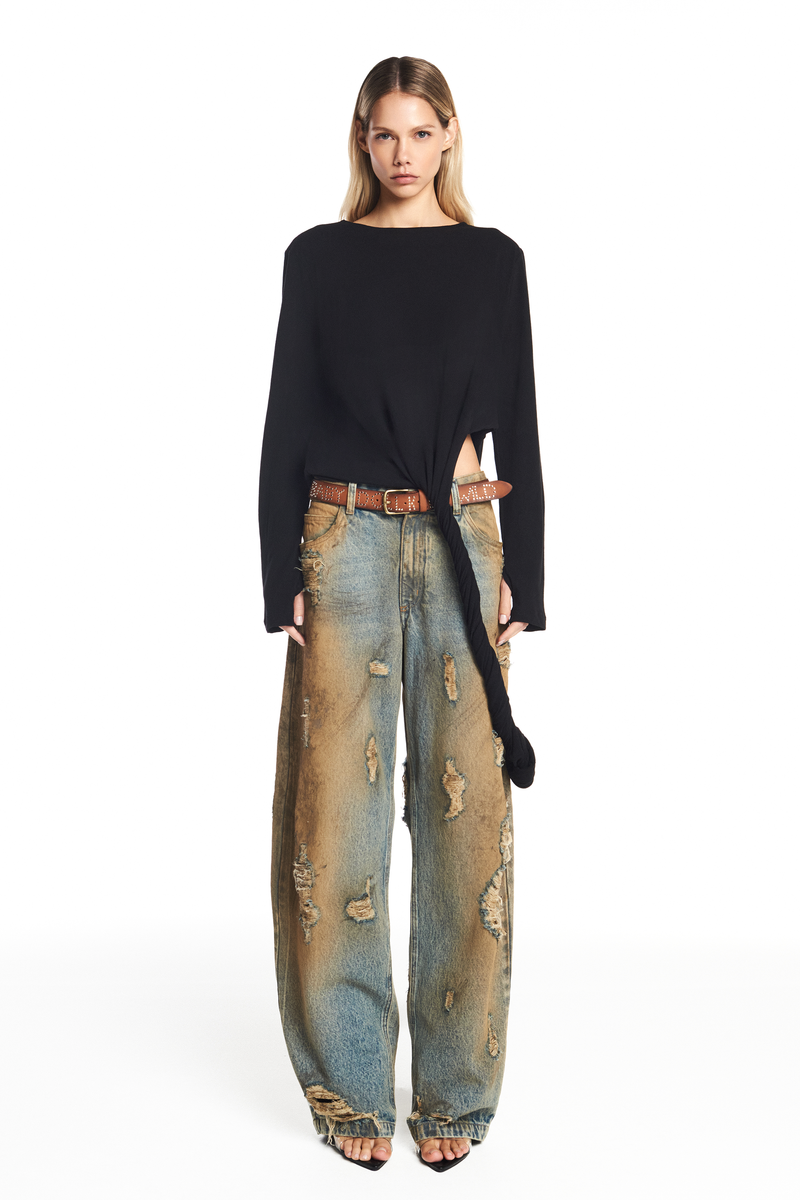 CALÇA JEANS BALLOON MANCHADA COM RASGOS (8952670748899)