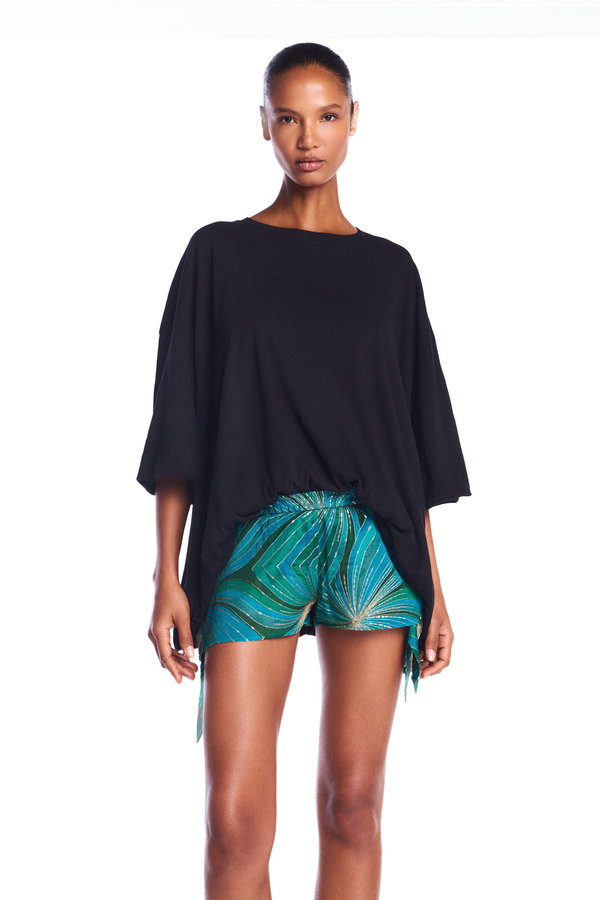 SHORTS CÓS ELÁSTICO AMARRAÇÃO LATERAL GEOMÉTRICO BORDADO VERDE (8950209118435)