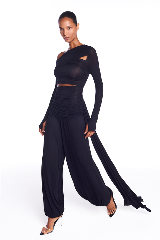 CALÇA PALA DRAPEADA ASSIMÉTRICA ELÁSTICO BARRA MALHA PRETA (8950207578339)