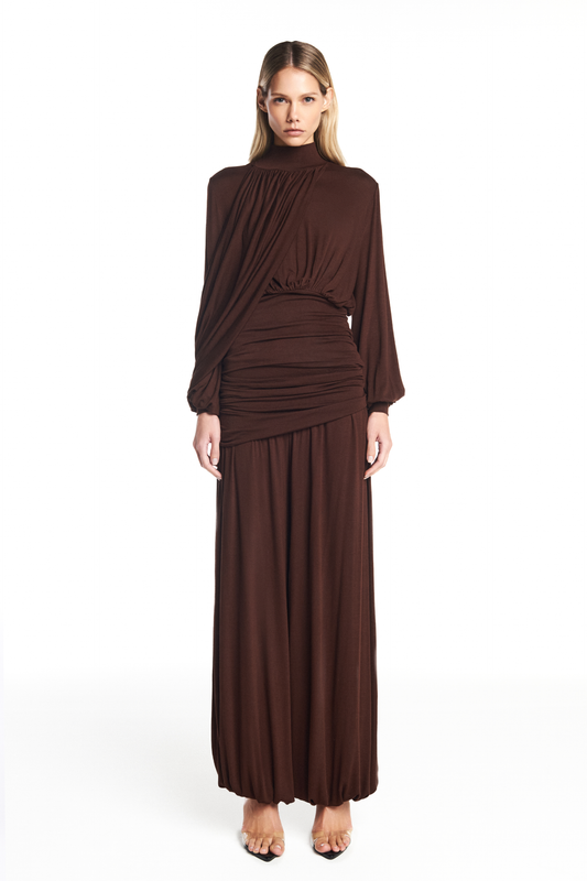 CALÇA PALA DRAPEADA ASSIMÉTRICA ELÁSTICO BARRA MALHA MARROM (8950207512803)