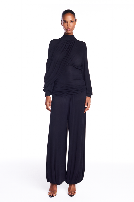 BLUSA GOLA ALTA MANGA LONGA PALA CINTURA FAIXA DRAPEADA MALHA PRETA (8950206496995)