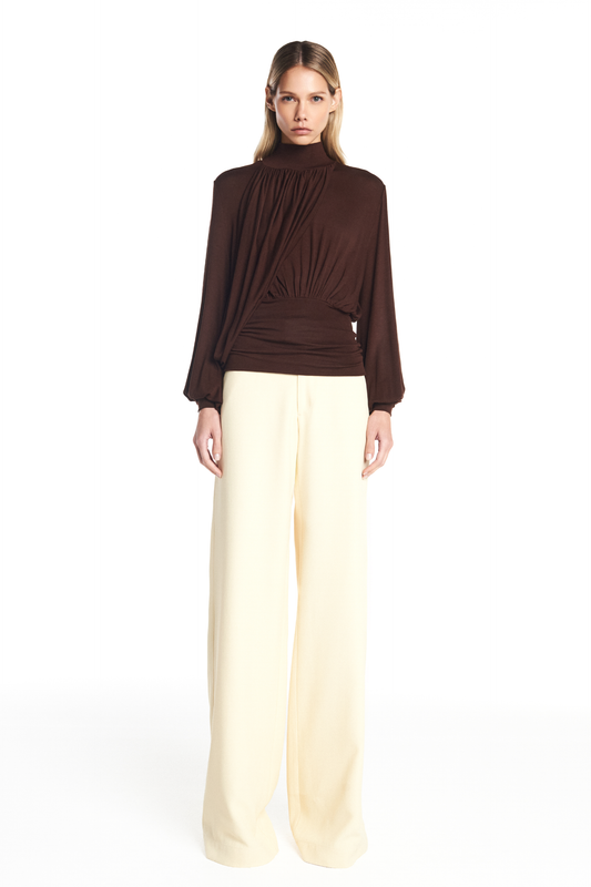 BLUSA GOLA ALTA MANGA PALA CINTURA FAIXA DRAPEADA MALHA MARROM (8950206595299)