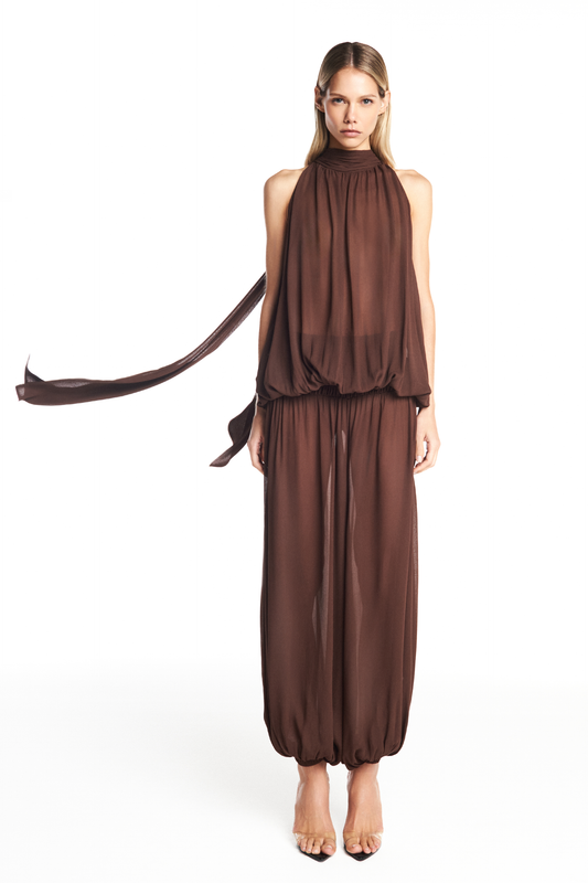 BLUSA GOLA ALTA SEM MANGA ELÁSTICO BARRA GEORGETE MARROM (8950206660835)