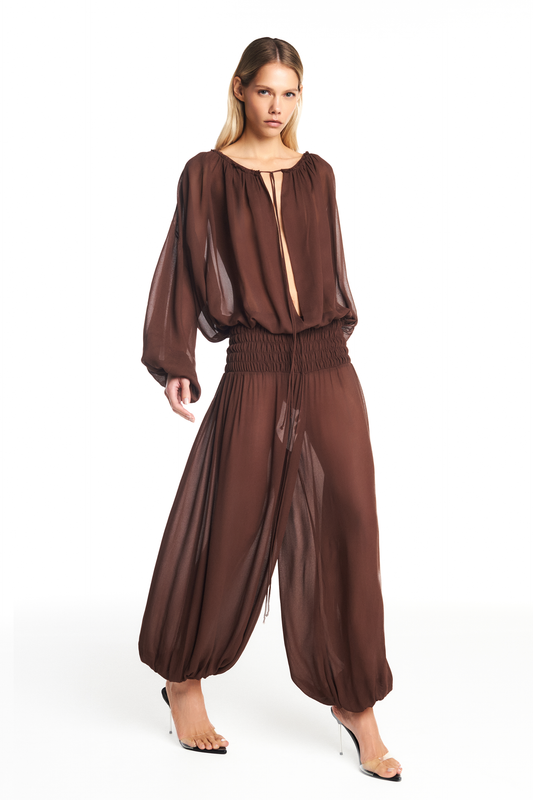 CALÇA PALA LASTEX ELÁSTICO BARRA GEORGETE MARROM (8950207742179)