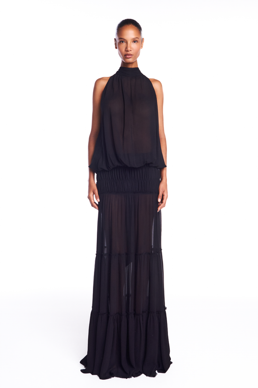 BLUSA GOLA ALTA SEM MANGA ELÁSTICO BARRA GEORGETE PRETO (8950206759139)