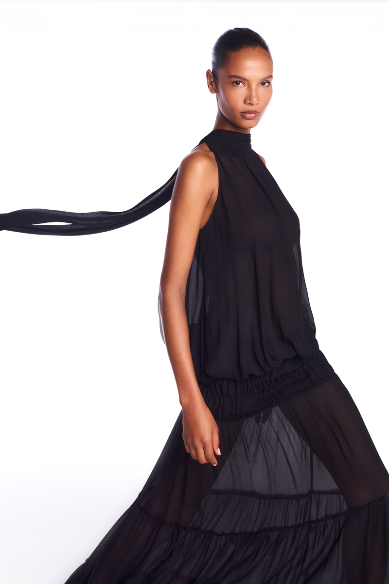 BLUSA GOLA ALTA SEM MANGA ELÁSTICO BARRA GEORGETE PRETO (8950206759139)