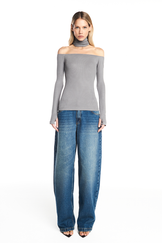 BLUSA DECOTE GOLA FALSA MALHA CINZA ESCURO (8930458534115)