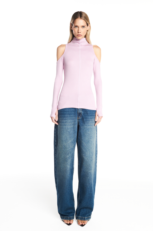 BLUSA GOLA ALTA ABERTURA OMBRO MALHA LAVANDA (8930458697955)