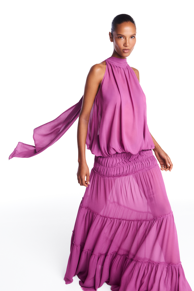 BLUSA GOLA ALTA SEM MANGA ELÁSTICO BARRA GEORGETE LAVANDA (8950206628067)