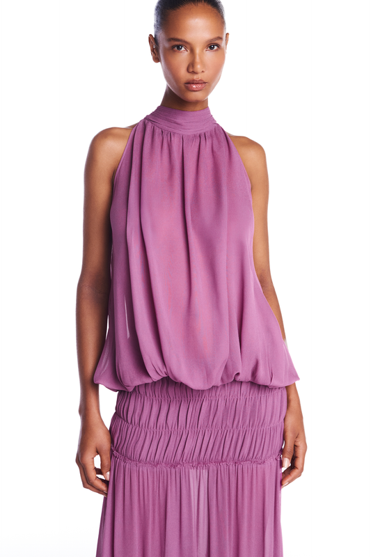 BLUSA GOLA ALTA SEM MANGA ELÁSTICO BARRA GEORGETE LAVANDA (8950206628067)