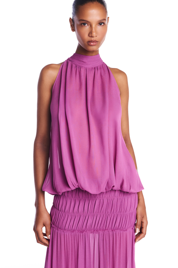 BLUSA GOLA ALTA SEM MANGA ELÁSTICO BARRA GEORGETE LAVANDA (8950206628067)