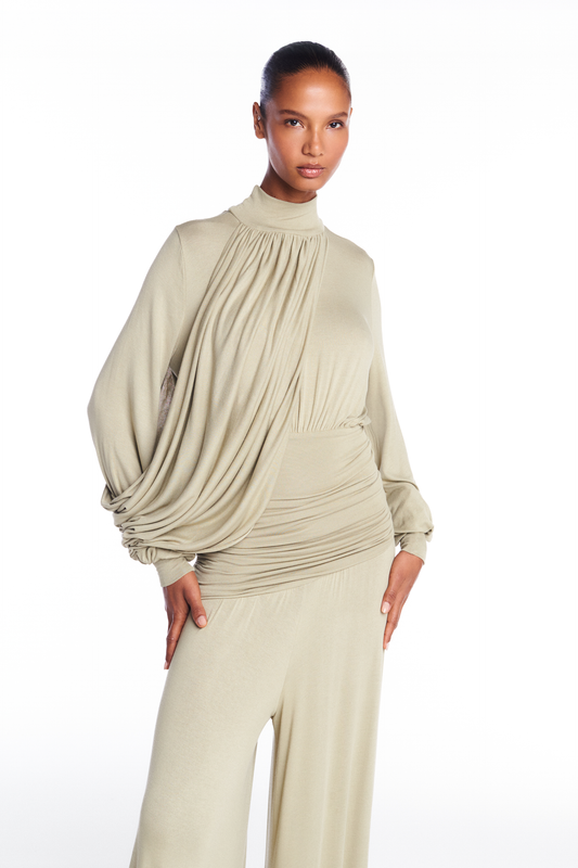 BLUSA GOLA ALTA MANGA LONGA PALA CINTURA FAIXA DRAPEADA MALHA VERDE (8950206529763)