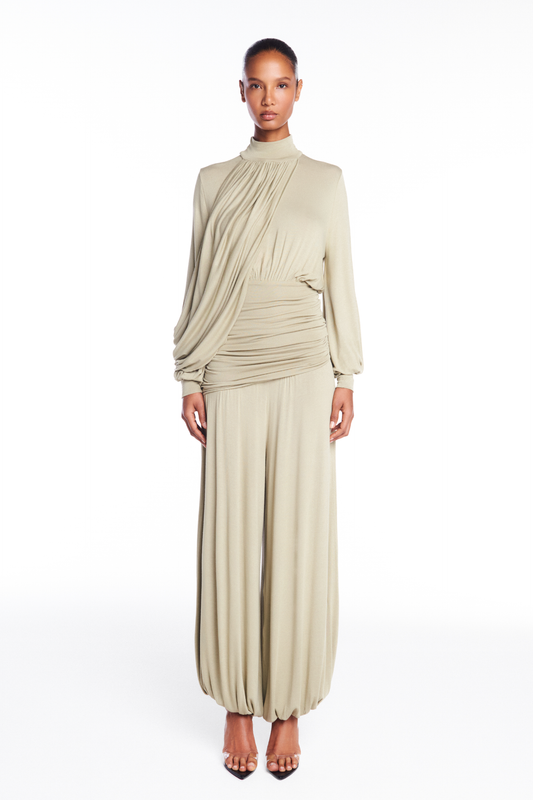 CALÇA PALA DRAPEADA ASSIMÉTRICA ELÁSTICO BARRA MALHA VERDE (8950207643875)