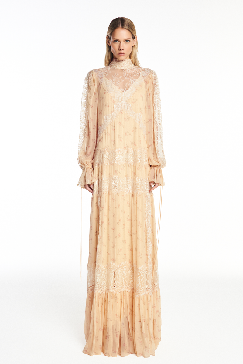 VESTIDO LONGO MANGA LONGA CHIFFON FLORAL COM RENDA (8950210429155)