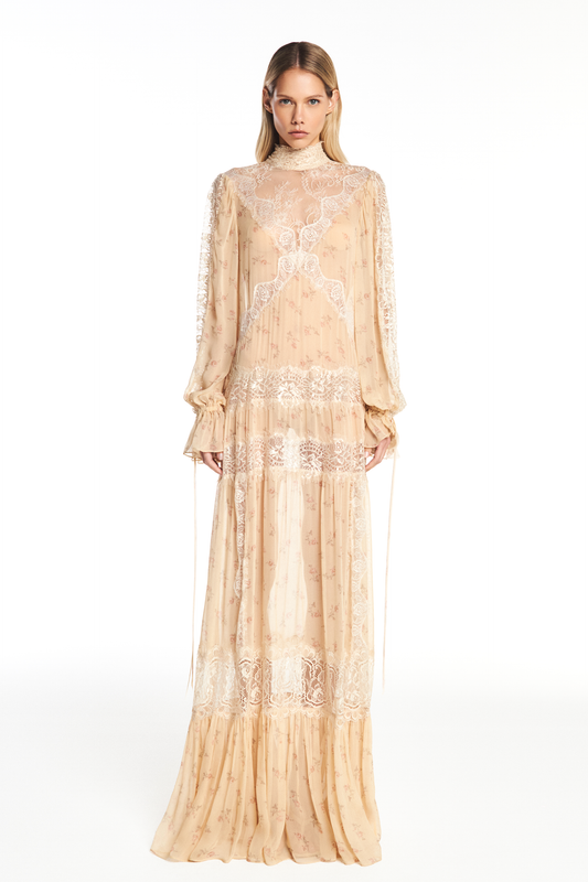VESTIDO LONGO MANGA LONGA CHIFFON FLORAL COM RENDA (8950210429155)
