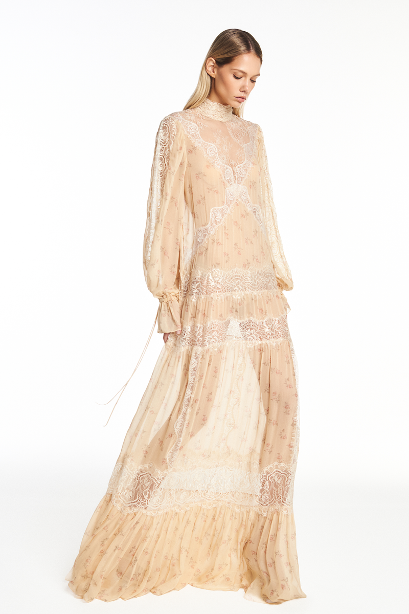 VESTIDO LONGO MANGA LONGA CHIFFON FLORAL COM RENDA (8950210429155)