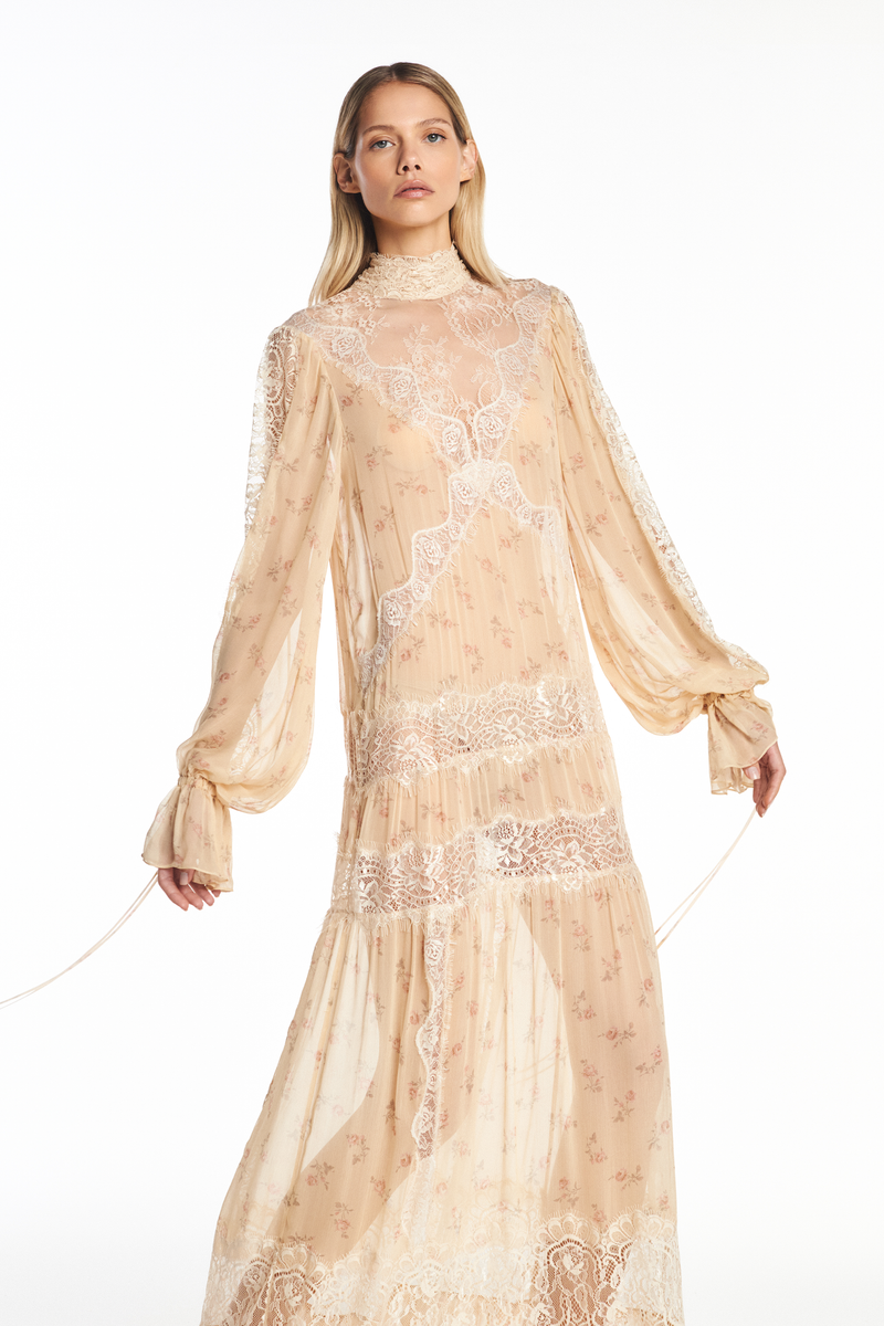 VESTIDO LONGO MANGA LONGA CHIFFON FLORAL COM RENDA (8950210429155)
