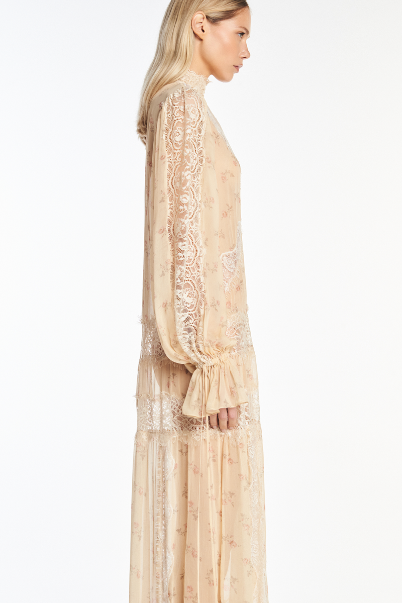 VESTIDO LONGO MANGA LONGA CHIFFON FLORAL COM RENDA (8950210429155)