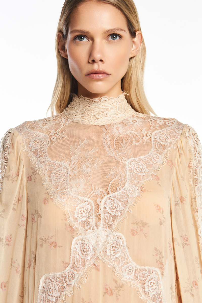 VESTIDO LONGO MANGA LONGA CHIFFON FLORAL COM RENDA (8950210429155)