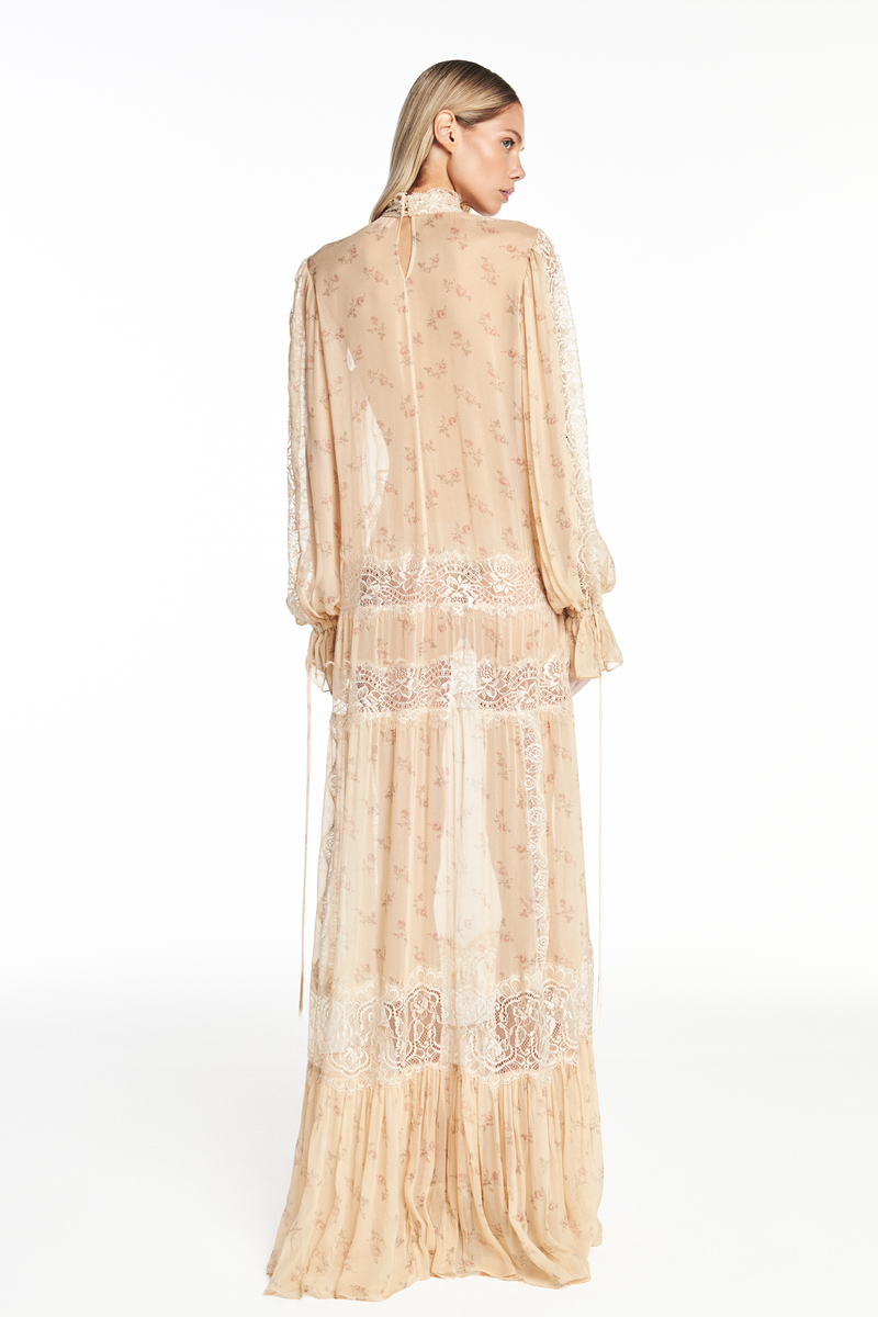 VESTIDO LONGO MANGA LONGA CHIFFON FLORAL COM RENDA (8950210429155)