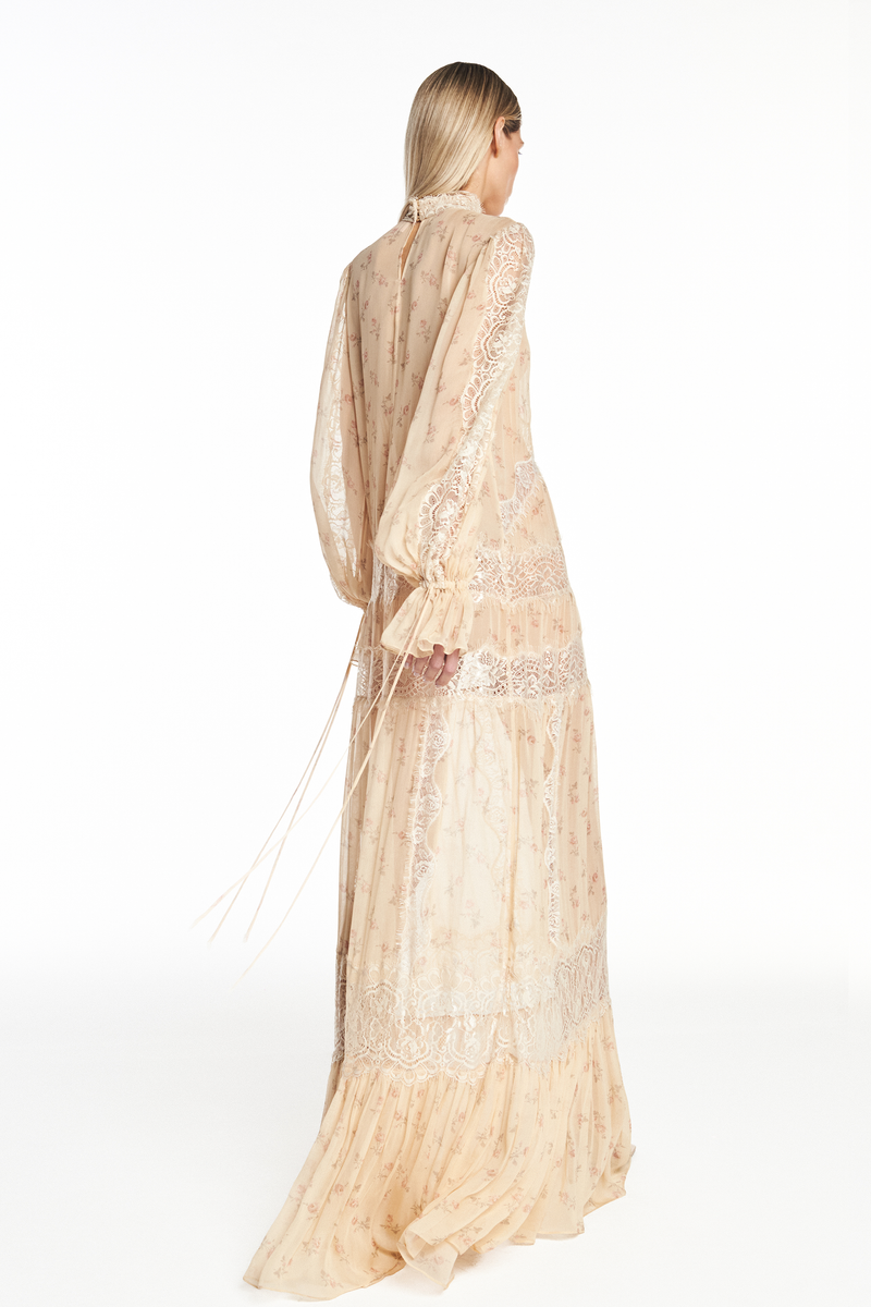 VESTIDO LONGO MANGA LONGA CHIFFON FLORAL COM RENDA (8950210429155)