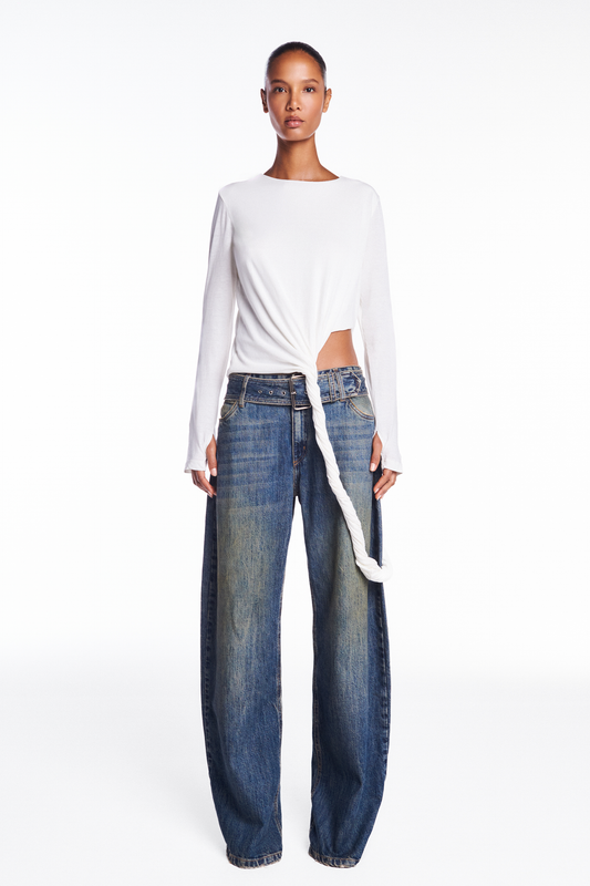 CALÇA JEANS AMARELADA PERNA LARGA CINTO CINTURA (8952670355683)