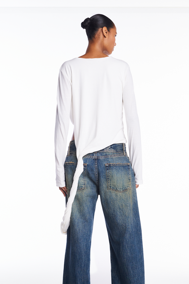 CALÇA JEANS AMARELADA PERNA LARGA CINTO CINTURA (8952670355683)
